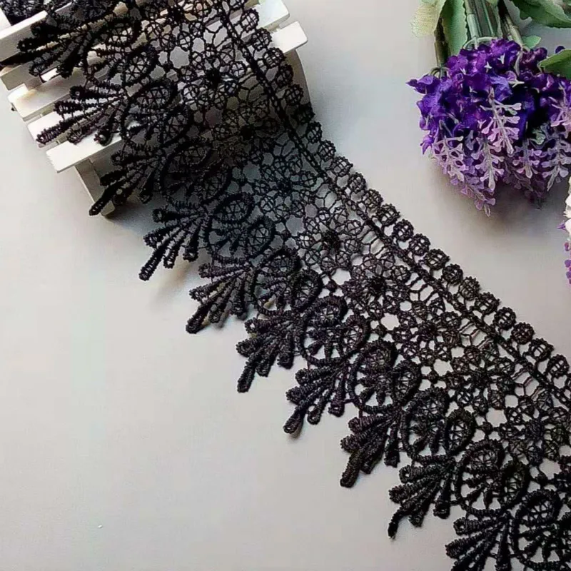 2 ярда черные цветы вышитая кружевная бейка лента для Аппликации Ткань шитье