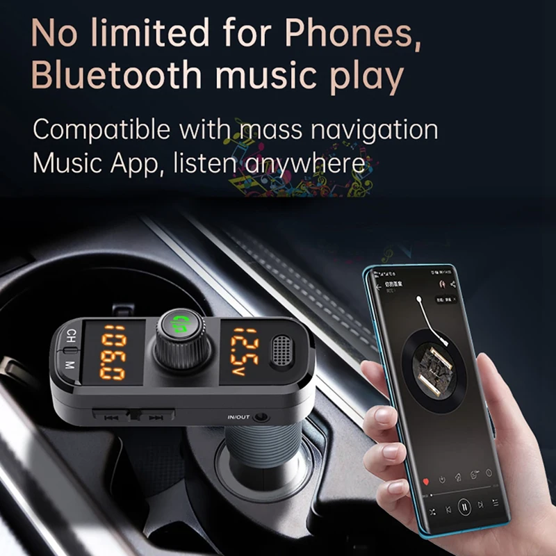 

Car Bluetooth 5.0 Dual-Display FM Transmitter Wireless Handsfree Receiver Auto MP3 Player 360 Adjustment Fast Charger