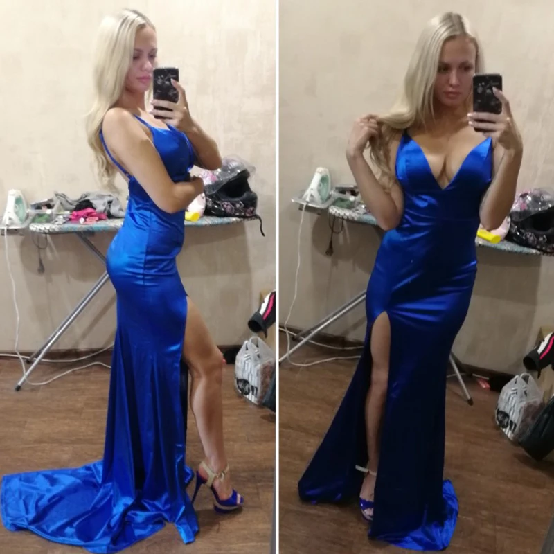 Новые пикантные туфли с низким вырезом на спине с открытым Молния сзади Синего атласа вечерние платья Высокая Разделение длинное Длина облегающее платье Мягкий Стретч, v-образный вырез на шее, платье