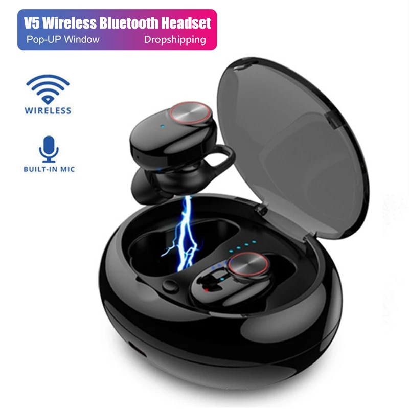 Беспроводные наушники V5 с Bluetooth мини чехол для Iphone Xiaomi Redmi Samsung Android IOS 9D стереозвук