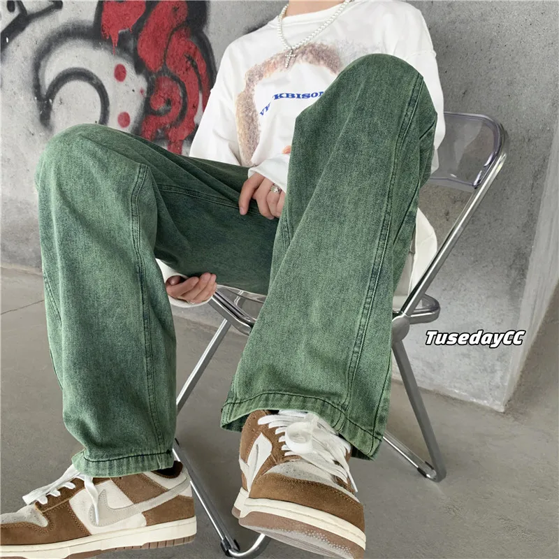 Green Blue Black Baggy Jeans Men Fashion Casual Wide-leg Jeans Men Streetwear Loose Hip-hop Straight Denim Trousers Mens Pants