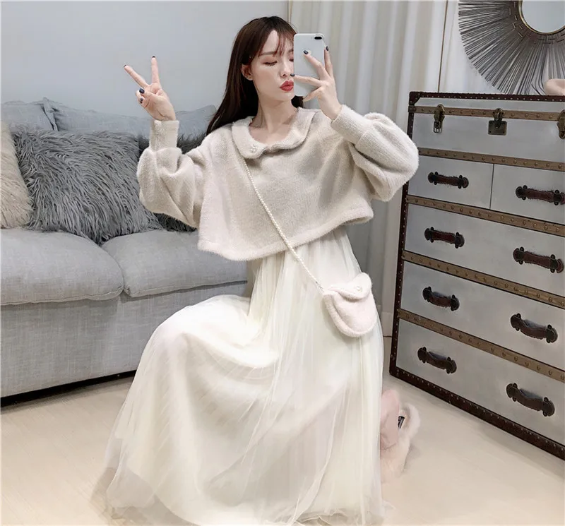 Женский комплект из двух предметов свитер искусственного кашемира и Сетчатое