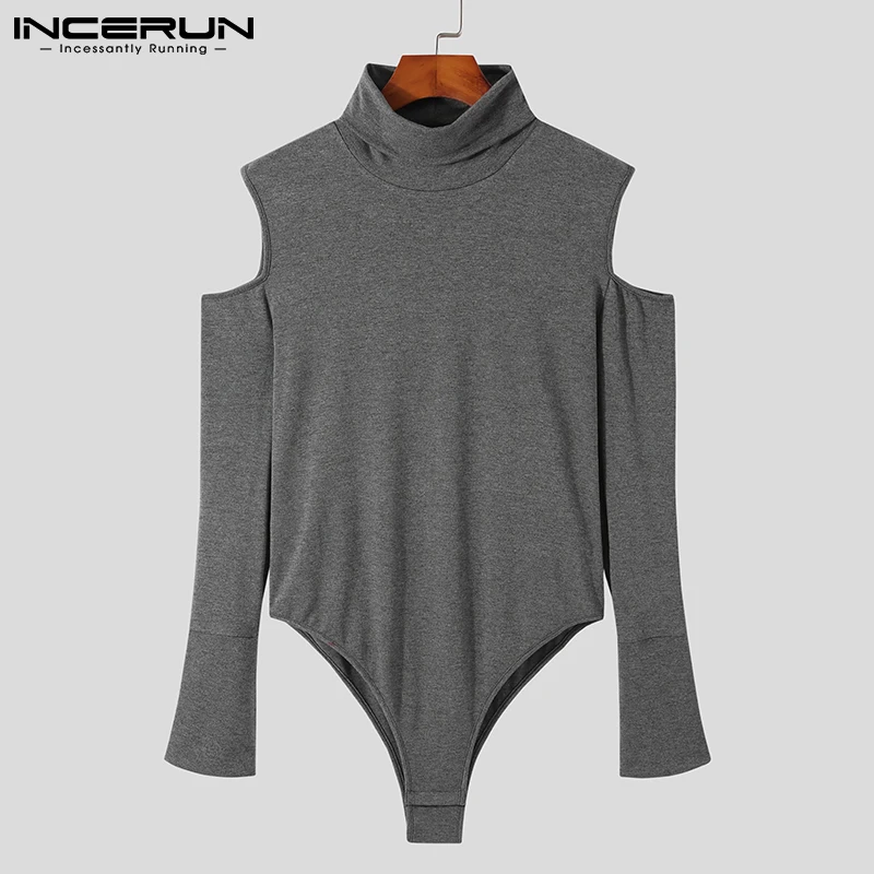 INCERUN Men Solid All-match Simple Loungewear Onesies Family Shoulder Cut-out Sexy Leisure Long-sleeved Triangle Jumpsuit S-5XL