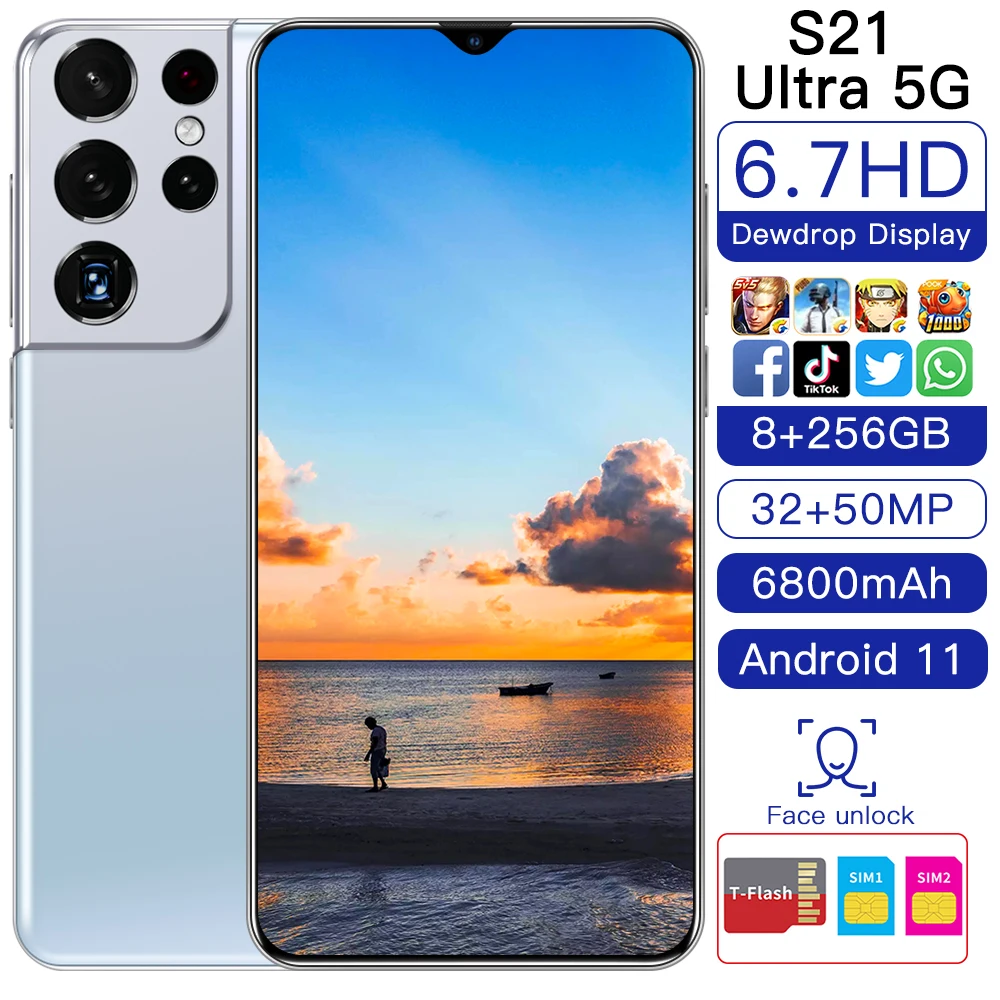 

2021 Hot Sell Smartphone S21 Ultra 8+256GB 6.7Inch Screen 6800mAh Battery Face ID Unlock 32+50MP Camera Dual SIM 5G Mobile Phone