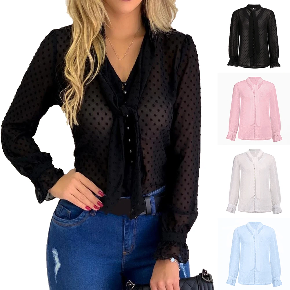 

New Arrival Button Tie Polka Dot V-neck Long Sleeve Shirt Women 2020 Summer Tops Blouses Fashion Top Dropshipping