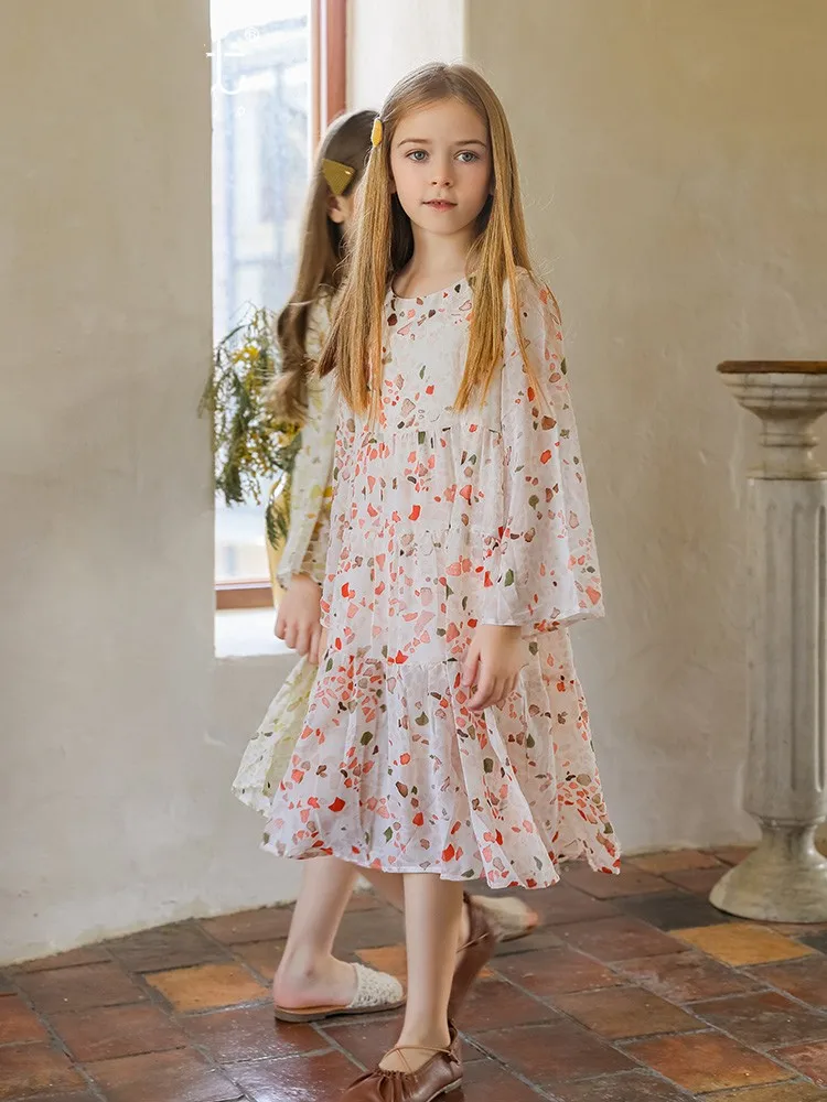 

Girls Casual Holiday Dresses Loose Sleeve Floral Print Mid Length Gowns Kids Beach Vacation Dress Children Summer Clothing