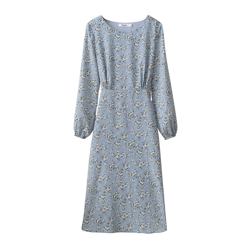 

2021 Spring Summer Dress Women Long Sleeve Floral Lace Up Prairie Chic Light Blue Midi Maxi Print Elegant Fashion Woman Dresses