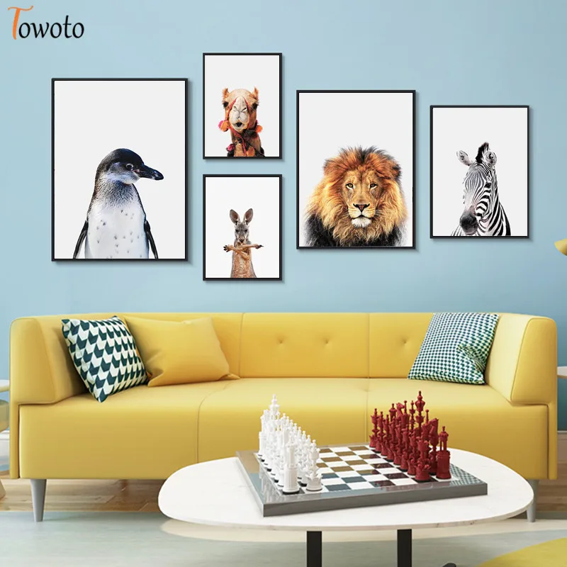 Картина на холсте с принтом животных пингвин Зебра кенгуру кролик сафари детская