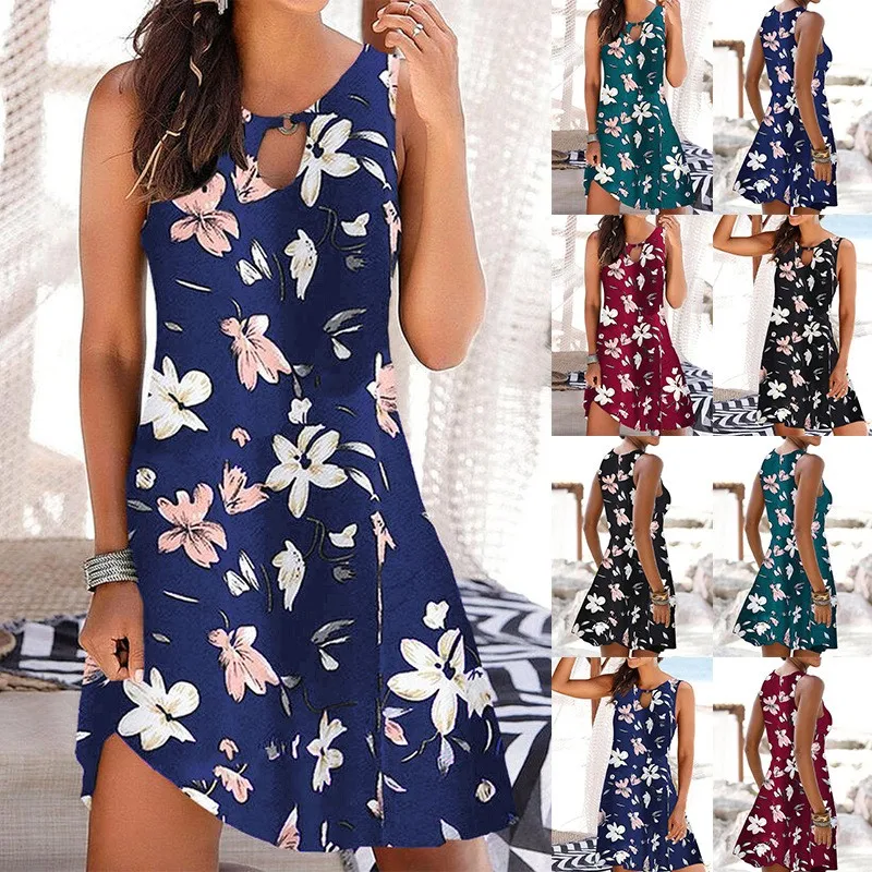 

Women Dresses Summer 2020 Hollow butterfly print Neck Floral Print Boho Beach Dress Ruffle Short Sleeve A Line Mini Dress Wrap