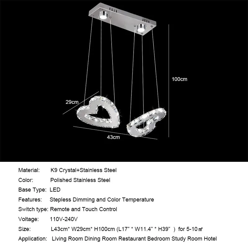 Современный LED Хрустальное Двойное сердце подвесной светильник романтический