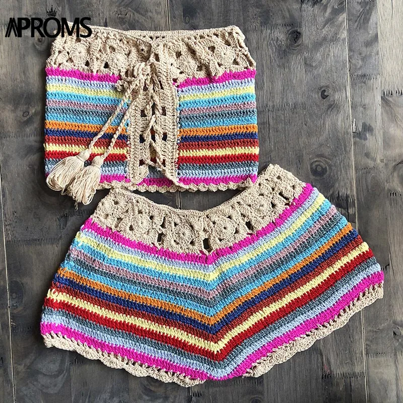 Aproms-Conjunto de Top corto de punto a rayas multicolor para mujer, traje de 2 piezas hecho a mano con hombros descubiertos, ropa de playa con cordones