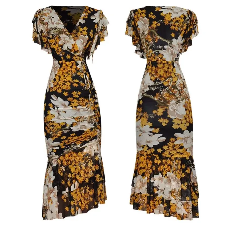 

IVY HE Summer Wonen's Dress 2021 Fashion Dresses Design Runway Elastic Mesh Flowers Printed Vintage Midi Dress Long Dress Robe