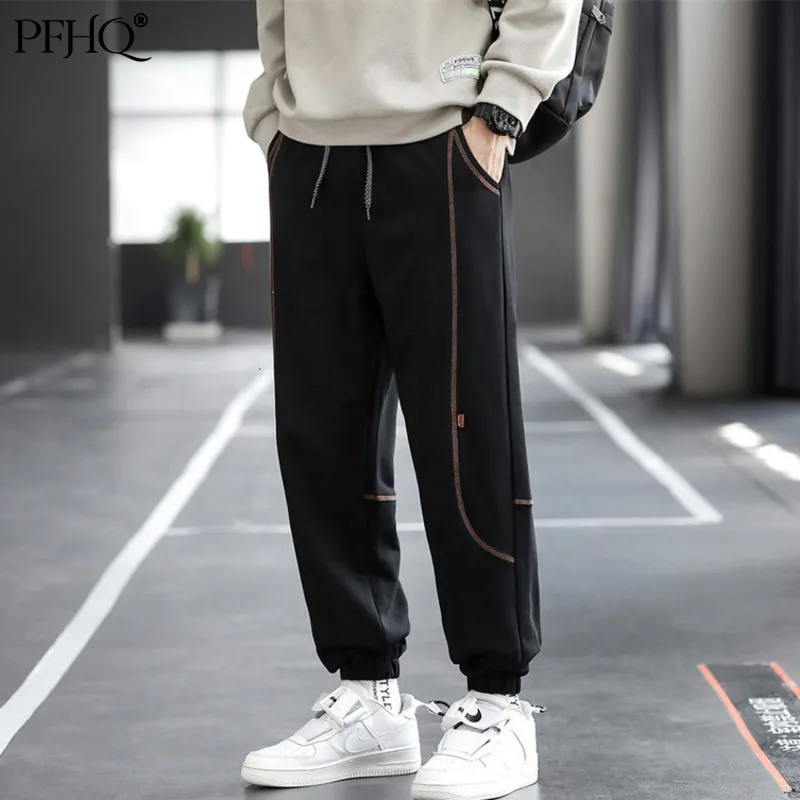 

Новинка 2021 от PFHQ, мужская мода, яркая линия украшения, трендовые Свободные корейские Спортивные укороченные брюки на осень и зиму 21D843