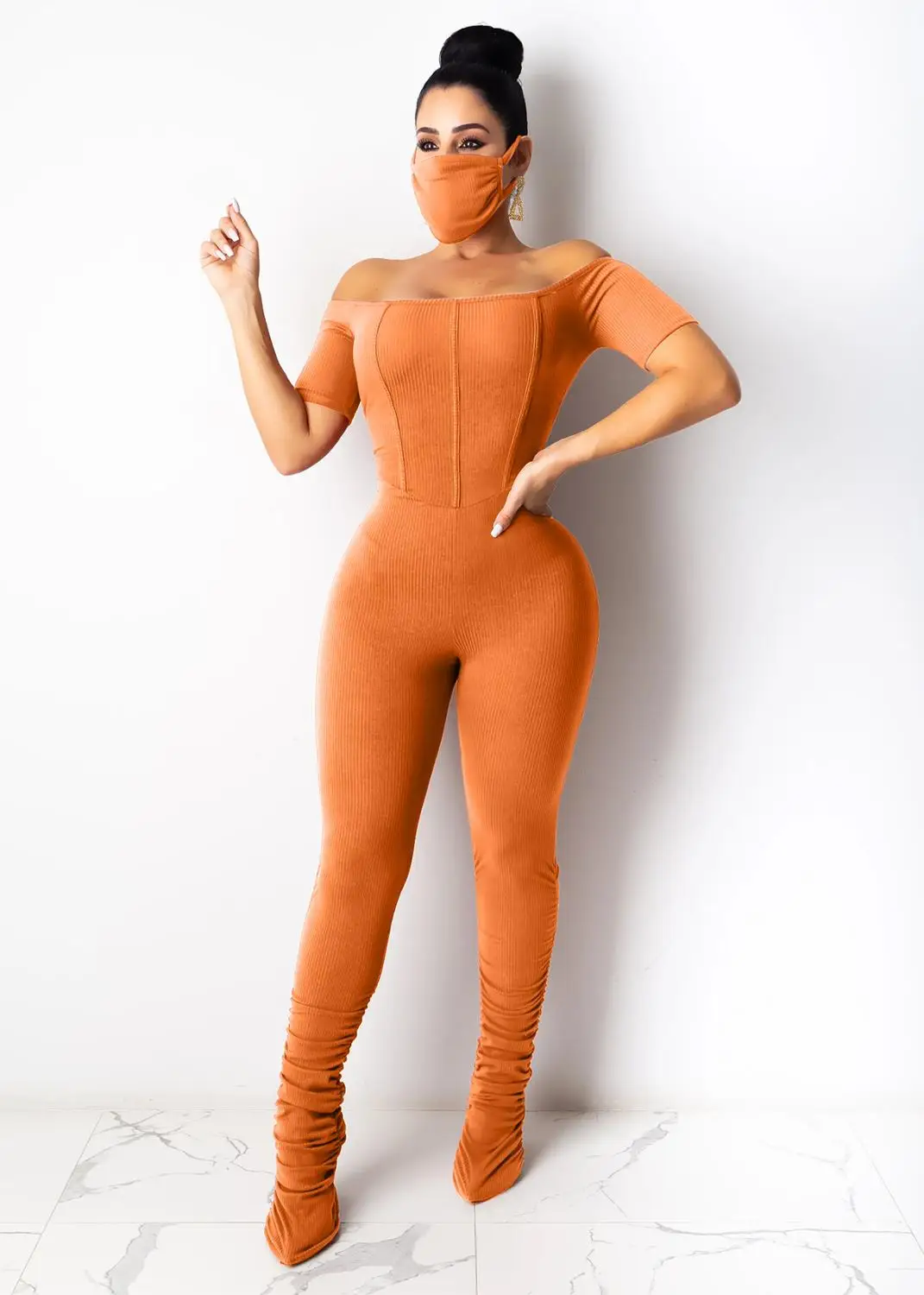 

COLDKER Women Ribbed Jumpsuits Slash Neck Short Sleeve Pleated Pants Ribbed Bodysuit Elastic Raised Lines Pattern Outdoor Wear