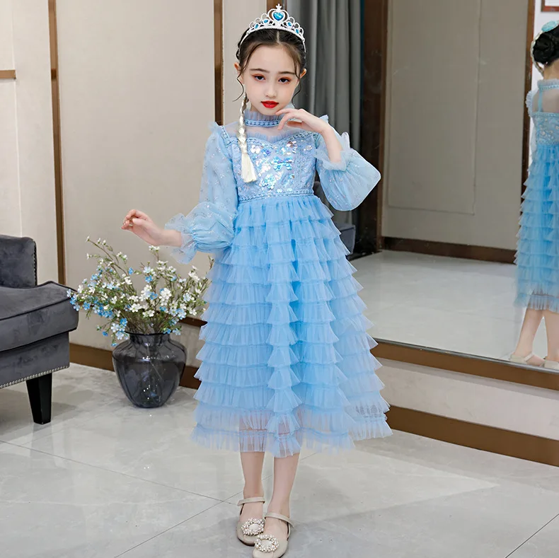 

Наряды для маленьких девочек, костюм для шоу, сетчатая многоярусная юбка с длинным рукавом и принтом снега, длинное платье с блестками и вор...