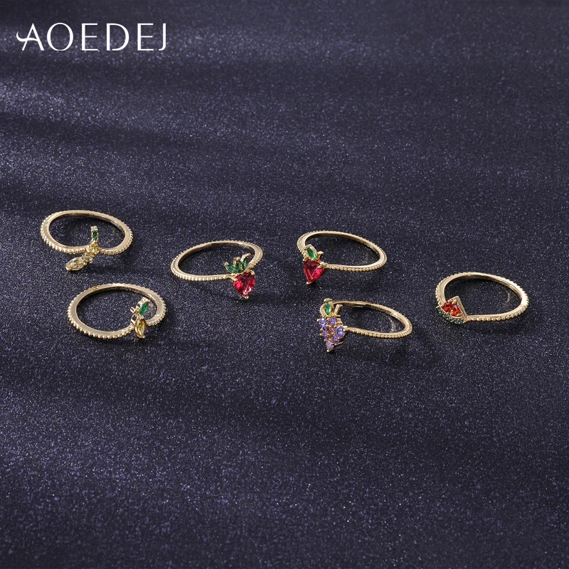 

AOEDEJ Female Sweet Crystal Apple Strawberry Cherry Grape Rings for Women Fruit Gem Gold Color Rings Fashion Jewelry