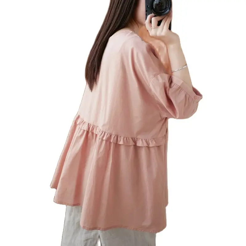 

Summer fat women age reduced cotton hemp casual baby shirt top cover belly large women's splicing V-neck woman girl ladies sexy