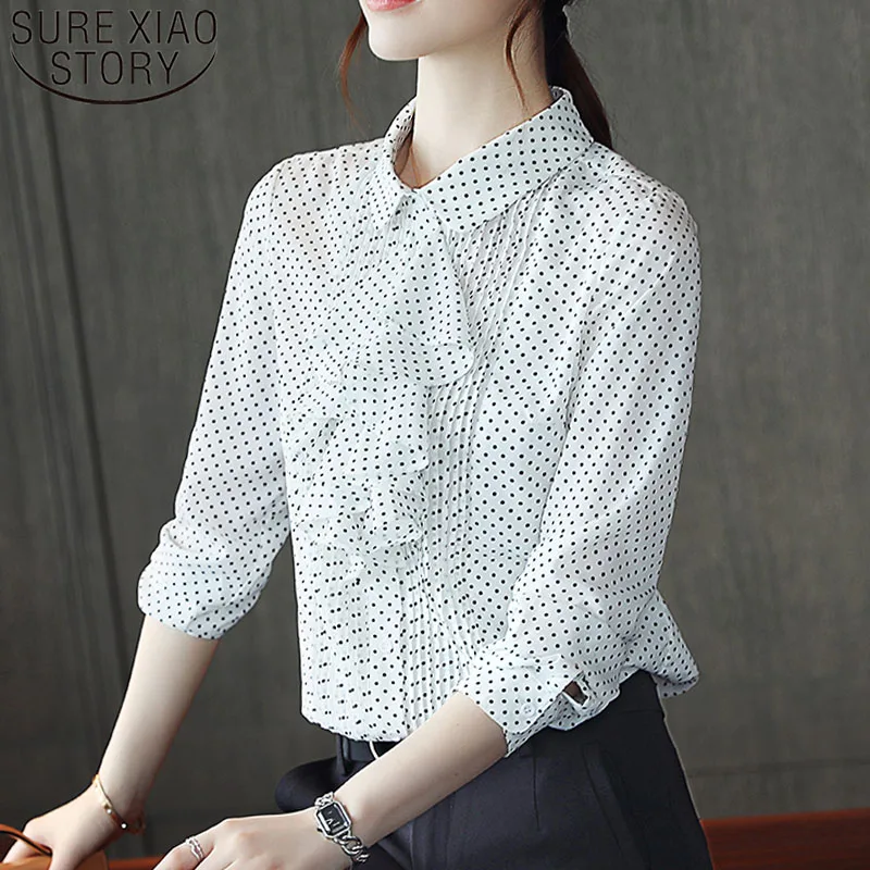 

Blusas Mujer De Moda 2021 Шифоновая блузка белая рубашка женская Топы Blusas Femininas рубашки для мальчиков, с узором в горошек, с бантом, стенд на пуговицах Т...