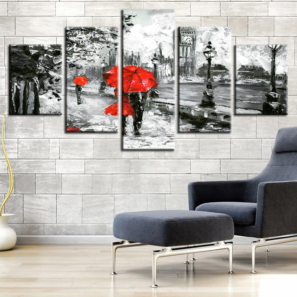 

Canvas Painting Wall Art Prints 5 Pieces Red Umbrella Lover Poster London Street Rain View Pictures Living Room Retro Home Decor