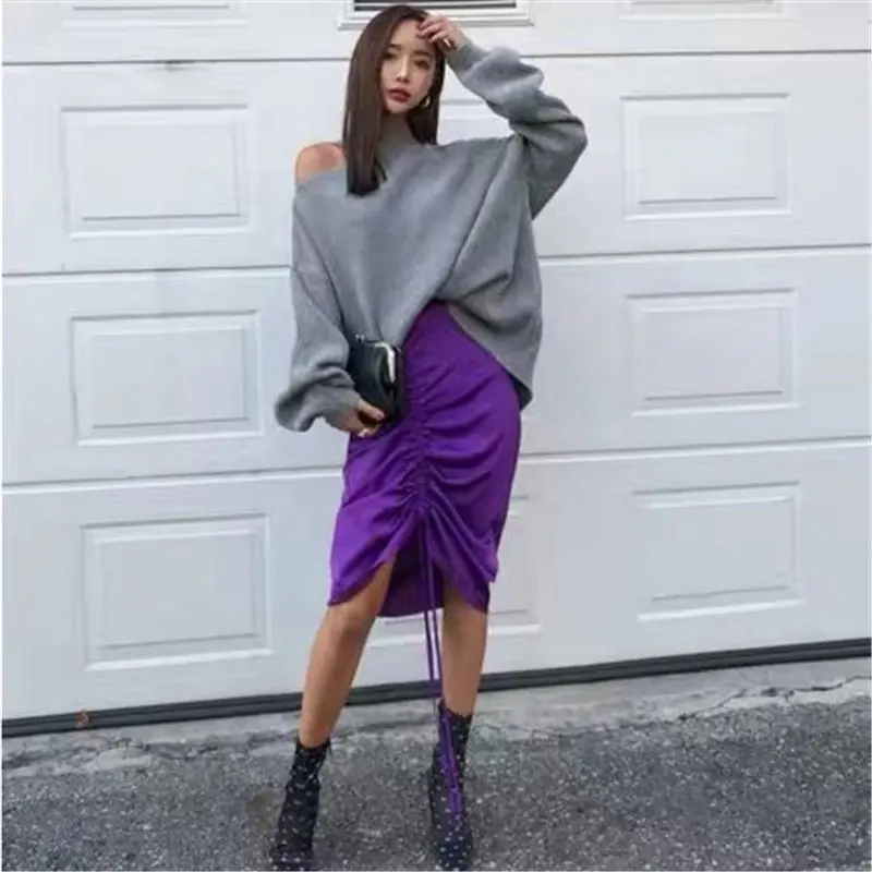 

Halter Bare Shoulders Knitted Office Ladies Winter Autumn Loose Irregular Casual Elegant High Street Sweaters Tops