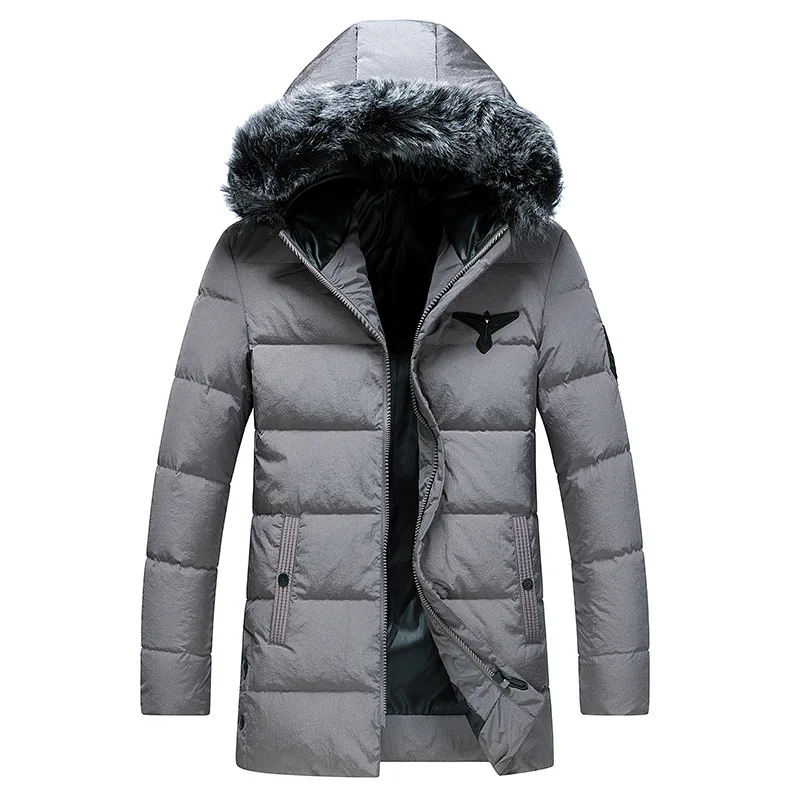 Мужская длинная куртка на белом утином пуху с меховым воротником и карманами