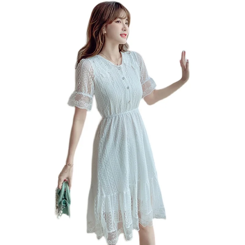 

COIGARSAM Lace Women dress New Summer High Waist Dresses White 1833
