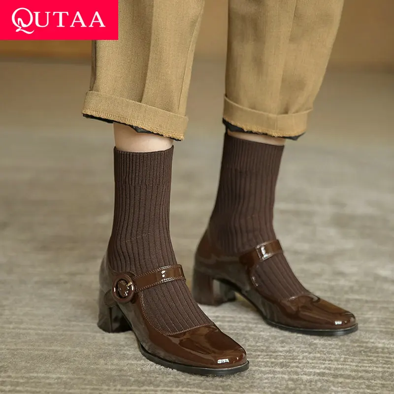 

QUTAA 2022 Knitting Square Heel Autumn Winter Comfort Ankle Boots Round Toe Med Heel Fashion Zipper Women Shoes Size 34-39