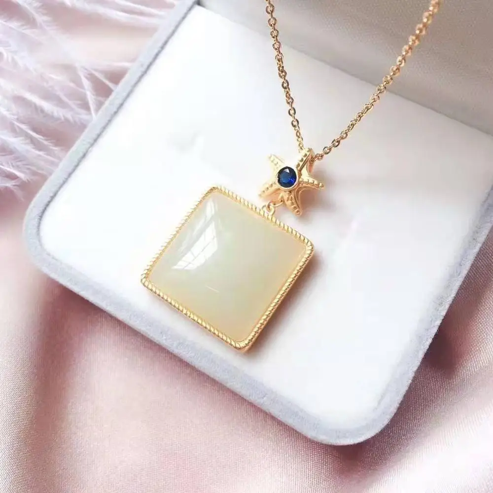 Кулон из натурального квадратного белого нефрита ожерелье чистого серебра S925