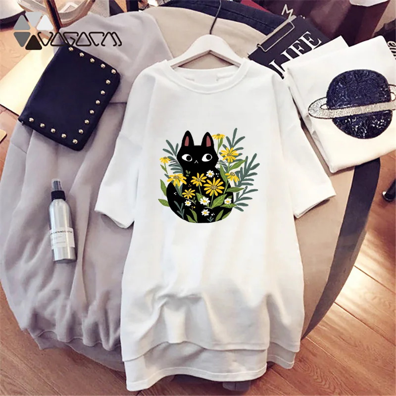 

Kawaii Cat Flower Print Loose Dress Women Sleepwear Women Short Sleeve Harajuku Summer Black White Nightdress Fashion