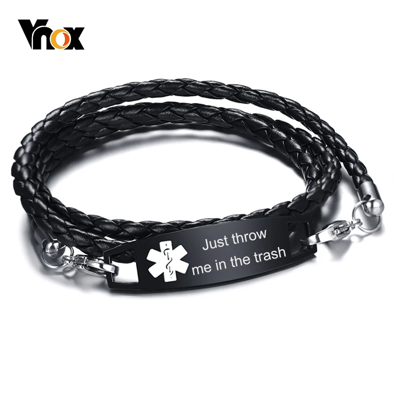 

Vnox Free Personalize Medical Bracelets for Men Women Black Stainless Steel ID Bar Just Throw Me in the Trash Leather Bracelet