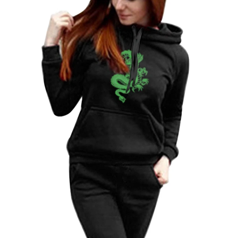 

Dragon Print Set Oversize Fleece Sport Two Piece Set Casual Tracksuits Woman Winter 2021 Hooded Long Sleeve Hoodie Pants Suit