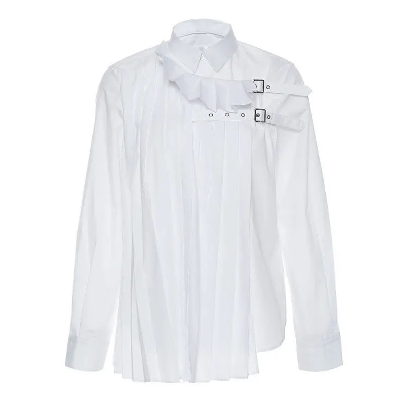 

XITAO Pleated Blouse Fashion New Women Metal Buckle Decoration White Full Sleeve Small Fresh Casual Style Loose Shirt ZLL5366