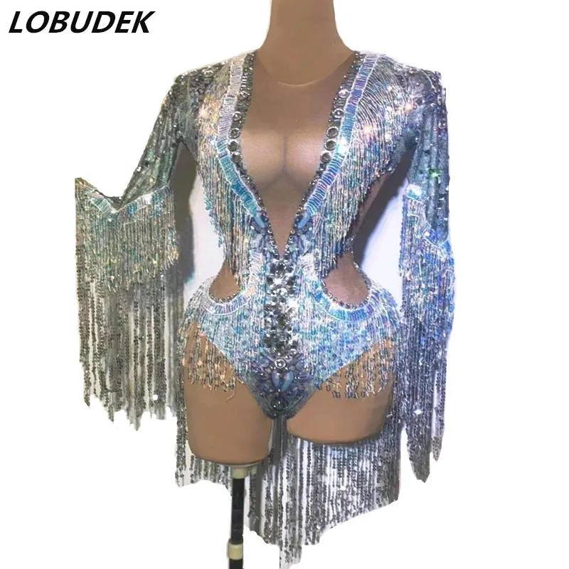 Танцевальное боди с блестками и кисточками Женское для танцев Клубное пикантное