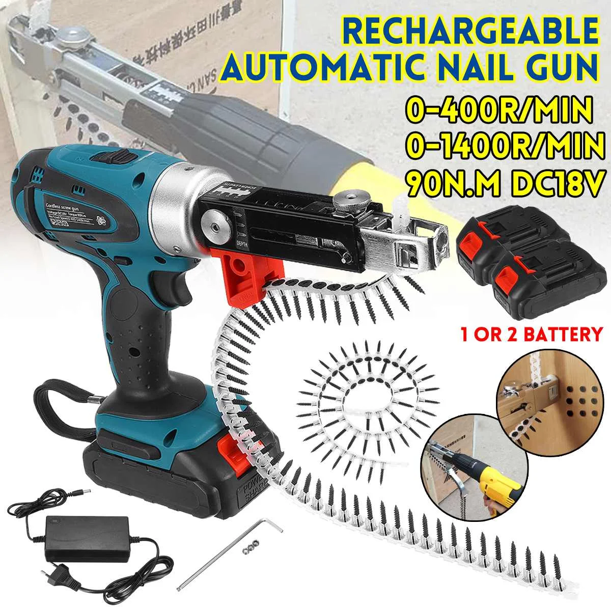 

90N.m Brushless Electric Nail Gun Nailer Stapler Woodworking Electric Tacker Furniture Power Tools with 1 or 2 Battery