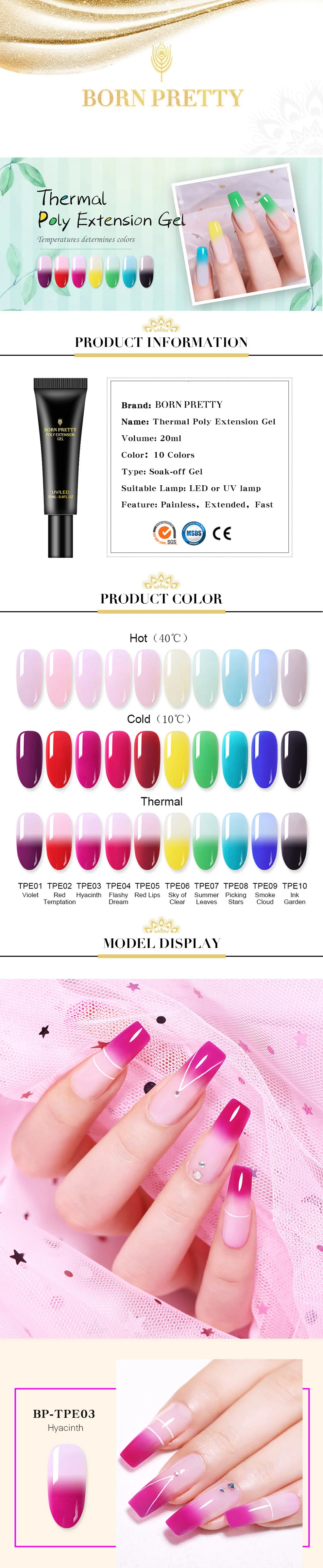 BORN PRETTY Poly УФ-гель для наращивания ногтей 20 мл Белый Прозрачный блестящий быстро меняющий Цвет гель для наращивания