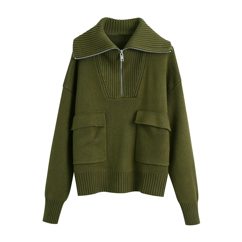 

Women 2021 fashion with pockets zip-up loose knitted sweater vintage high neck long sleeve female pullovers chic tops