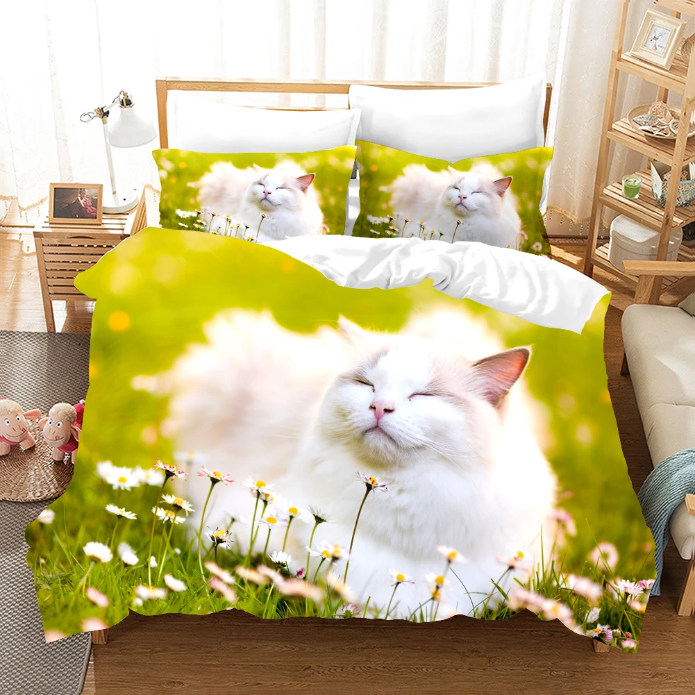 

2/3 Pcs Set Kawaii Cat Duvet Cover Bedding Set Soft Comforter Cover Twin Full Queen Size For Girls Boys Printed With Pillowcases