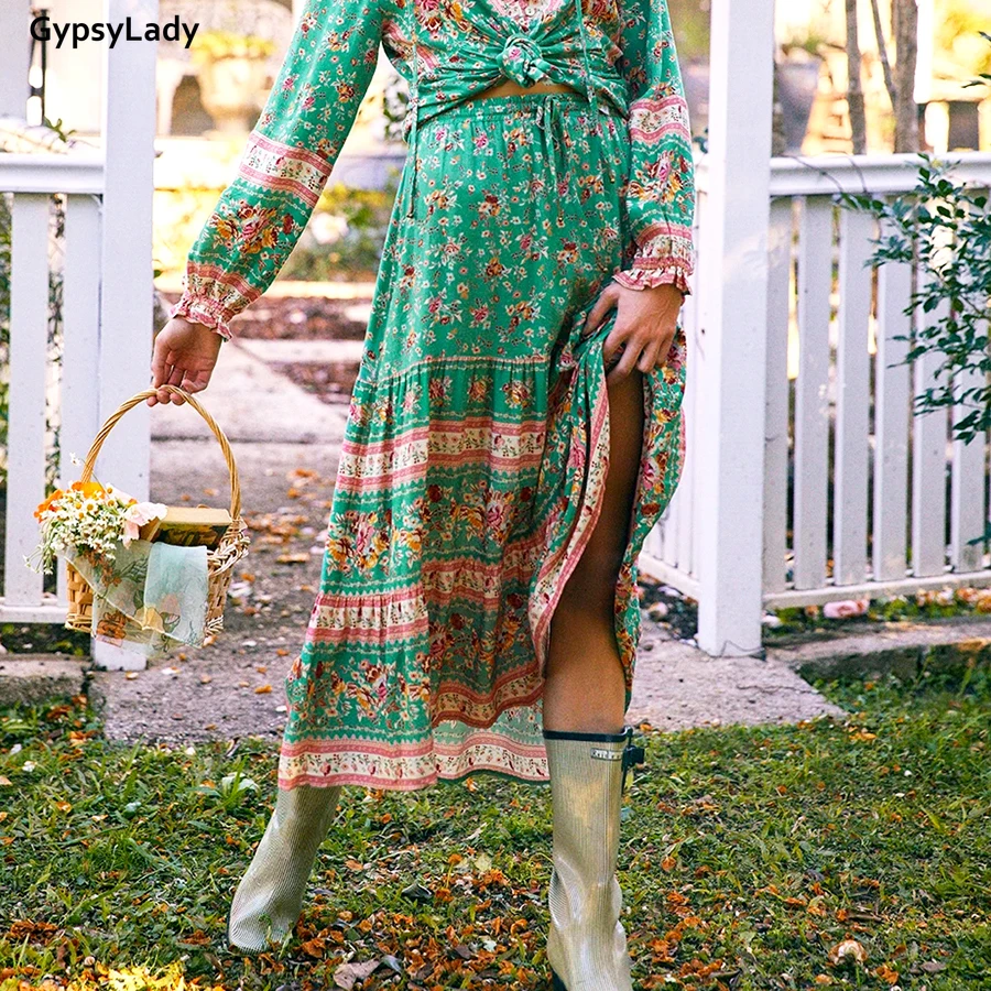 

GypsyLady Green Floral Maxi Skirt Casual Vintage Holiday Long Skirts for Women Boho Elastic Waist Lace Tie Up Girls Beach Skirt