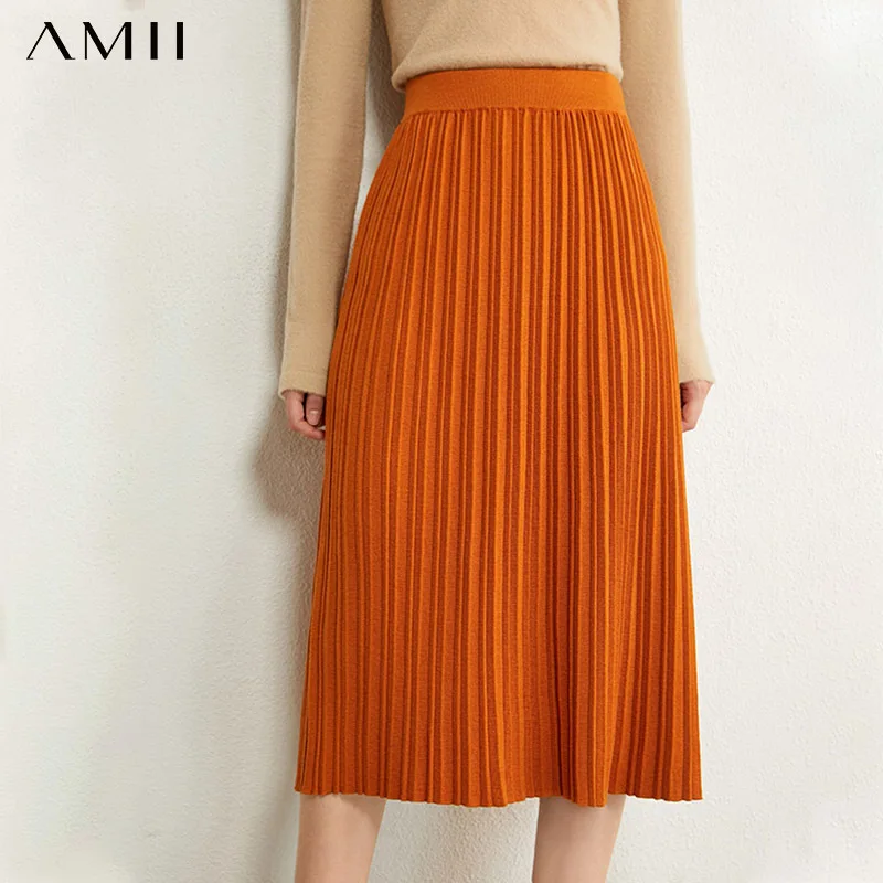 

AMII Minimalism Autumn Women Skirt Fashion Solid Loose Knitted Pleated Women's Skirt Elastic Waist Female Skirt 12040669