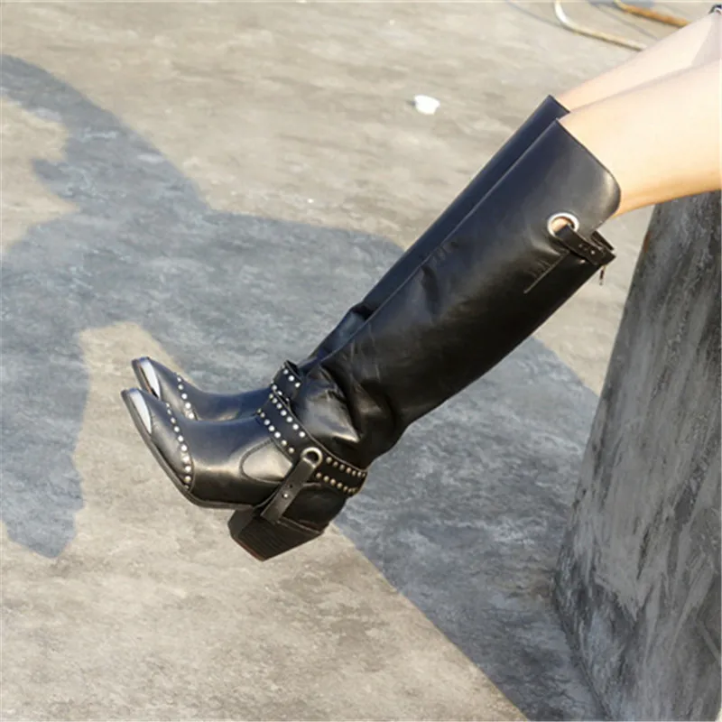 

Black Pointed Toe Rivet Women Thigh High Boots Genuine Leather Over the Knee Boots Autumn Winter High Heel Botas Mujer
