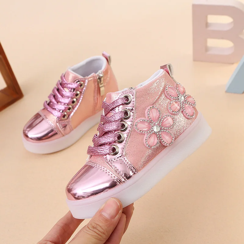 Spring Kids Shoes Baby Girls Glowing LED lighted Sneakers Children Casual Bling Flow Soft Size 21-30 pink gold sliver | Детская одежда