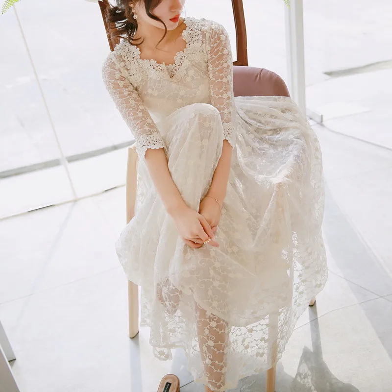 Высокое качество Новое Женское платье семь четверти рукав шифоновое Кружевное