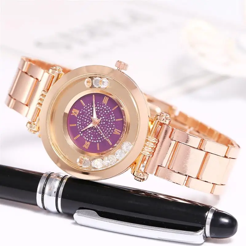 Модные вращающиеся алмазные часы женские из нержавеющей стали кварцевые на