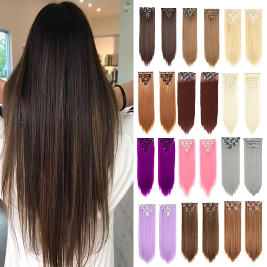 

7Pcs/Set 22inch 16 clips Long Straight Synthetic Hair Extensions Clips in High Temperature Fiber Black Brown Hairpiece