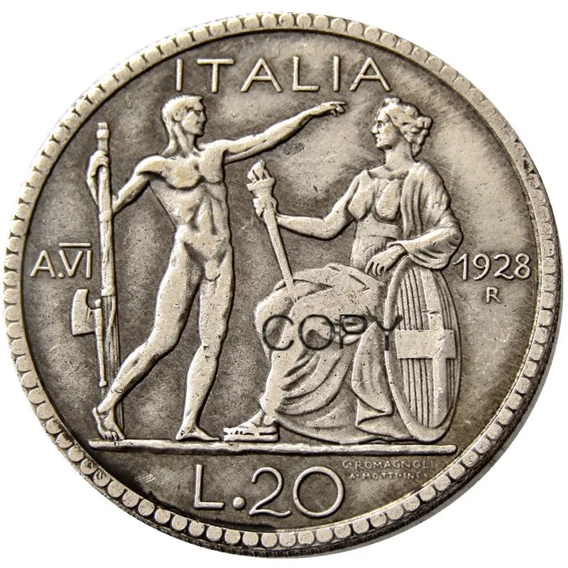Italy 20 Lire 1927 or 1928 R 2pcs Silver Plated Copy Coins |