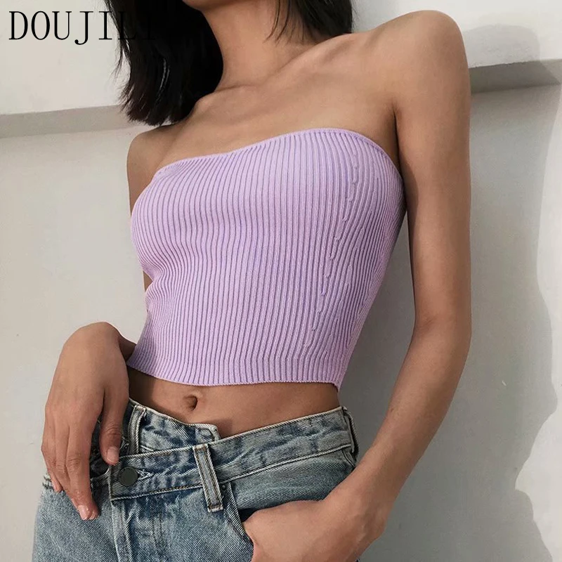 

DOUJILI Sexy Women Top Tees Stretchy Knitted Strapless Camis Tops Off Shoulder Hot Summer Tank Tops