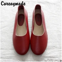 careaymade genuine leather flat sole cowhide womens single shoes literatureart retro vintage round headed hand made shoes