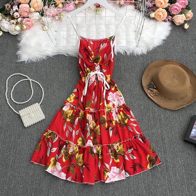 

2021 New Summer Temperament Versatile sleeveless off shoulder Dress high waist drawstring pleated sling Dress