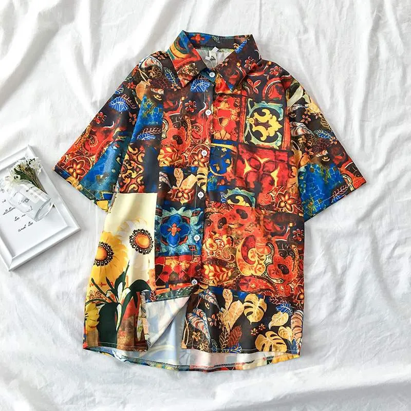 

Fashion Summer Women Design Sense Oil Painting Printed Shirt Retro Short Sleeve French Shirt Foreign Style Shirt