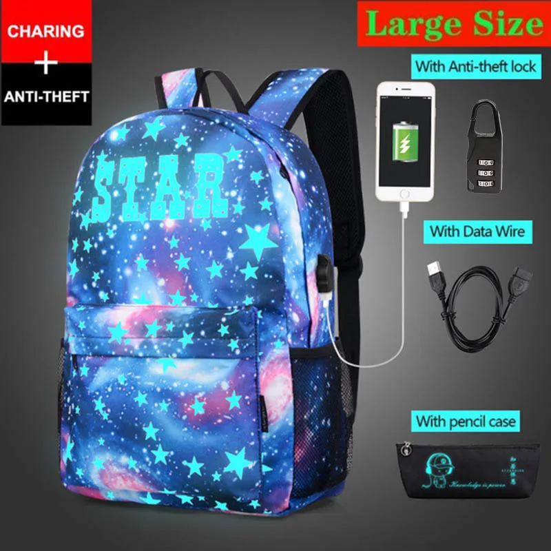 Рюкзак-Антивор для девочек, светящийся, школьный, с USB-портом для зарядки и замком, школьные ранцы для мальчиков от AliExpress WW
